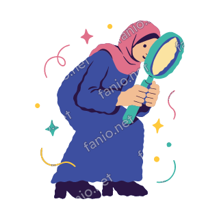 Salma leans forward and looks closely through a big teal magnifying glass.
