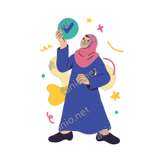 Salma holds up a round teal badge with a check mark, beaming.