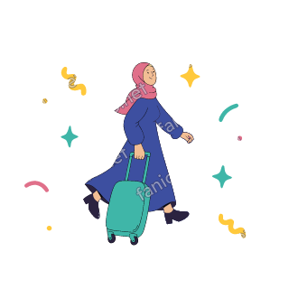 Salma walks forward pulling a teal rolling suitcase by its handle.