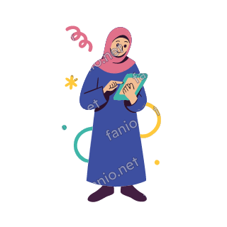 Salma holds a teal tablet and taps its screen with one finger, smiling.