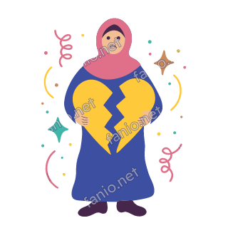 Salma holds a broken heart split in two halves, one in each hand, with a worried face.