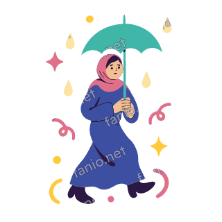 Salma walks under an open teal umbrella with small raindrops around her.