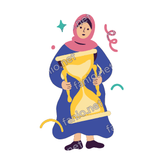 Salma holds a big yellow hourglass in both hands and waits calmly.