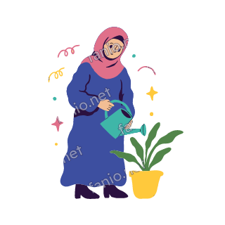 Salma waters a green plant in a yellow pot with a teal watering can.