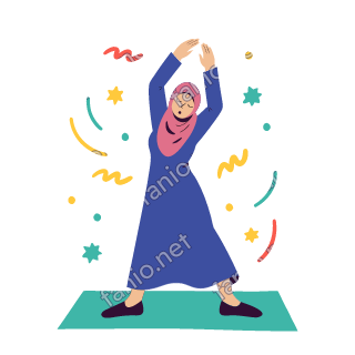 Salma stretches both arms up on a teal yoga mat, eyes closed.
