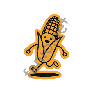 An amber corn cob sticker in its husk, running with a jump.