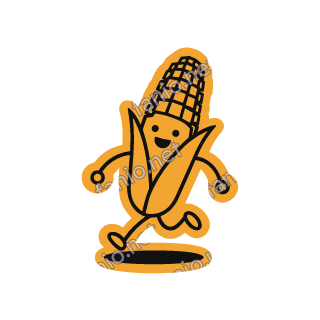 An amber corn cob sticker in its husk, running with a jump.