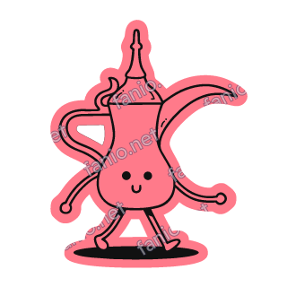 A coral pink Arabic coffee pot sticker walking on two little legs.