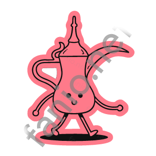 A coral pink Arabic coffee pot sticker walking on two little legs.
