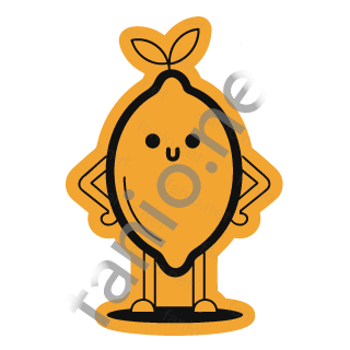 An amber lemon sticker with leaves, hands on hips.