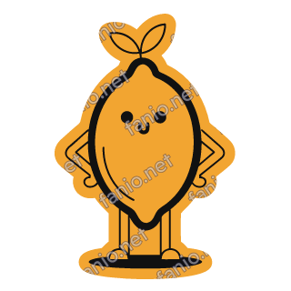 An amber lemon sticker with leaves, hands on hips.