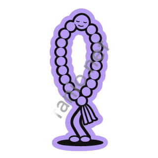 A lilac string of prayer beads with a tassel, calm with eyes closed.