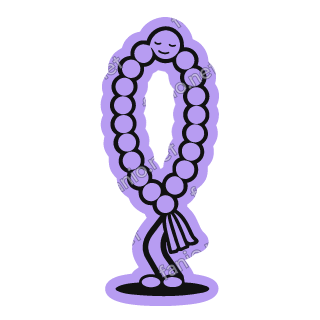 A lilac string of prayer beads with a tassel, calm with eyes closed.
