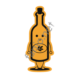 An amber olive oil bottle sticker with a cork and an olive branch label.