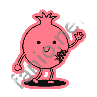 A coral pink pomegranate sticker with a crown top and one hand raised.