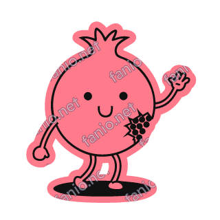 A coral pink pomegranate sticker with a crown top and one hand raised.
