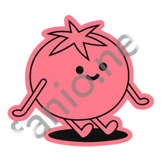 A coral pink tomato sticker rolling happily.