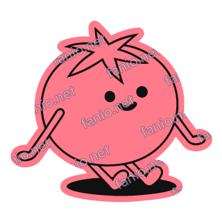A coral pink tomato sticker rolling happily.