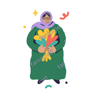 Teta holds a bouquet of colourful flowers in both hands and smiles.