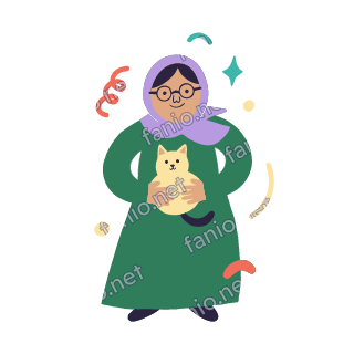 Teta gently holds a small pale cat in her arms and smiles.