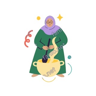 Teta holds a wooden spoon over a big cooking pot with steam rising.