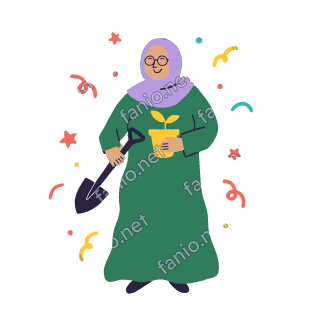 Teta holds a small garden spade and a seedling in a pot, smiling.