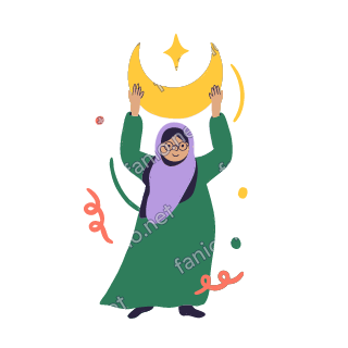 Teta holds a big golden crescent moon and a star above the head with both hands, joyful.