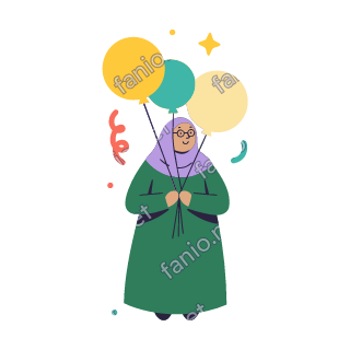 Teta holds three colourful balloons by their strings, celebrating Eid and cheering.