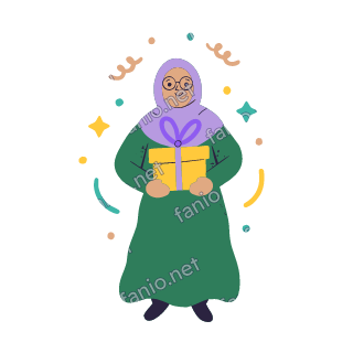 Teta holds out a yellow gift box with a lilac ribbon in both hands, smiling warmly.