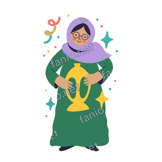 Teta holds a big glowing Ramadan fanous lantern in both hands, smiling.