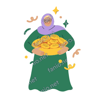 Teta holds a round yellow tray of sesame Eid cookies with both hands, smiling.