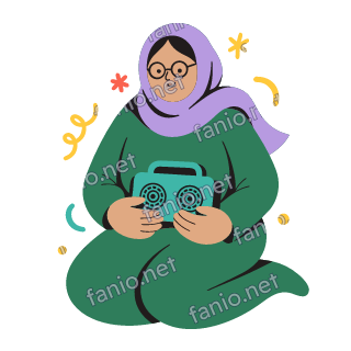 Teta sits holding a small teal radio on her lap, listening with a gentle smile.