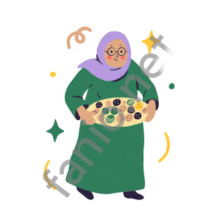 تيتا تحمل بين يديها صينية مستديرة عليها حلويات وبسكويت صغير للعيد وتبتسم.