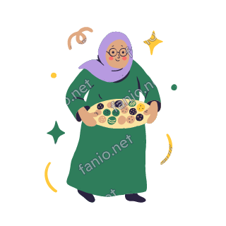 Teta carries a round tray of small Eid sweets and cookies in both hands, smiling.