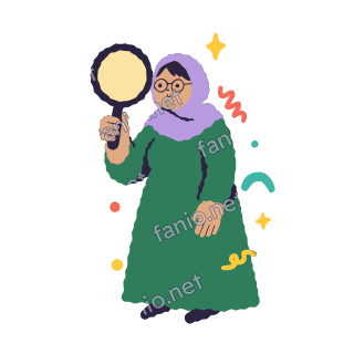 Teta peers through a big magnifying glass held in one hand.