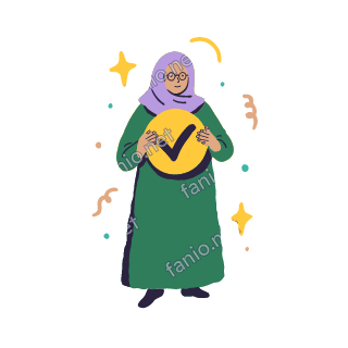 Teta holds up a big round badge with a check mark in both hands, looking proud.