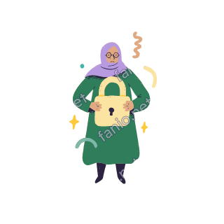 Teta holds a big golden padlock in both hands, protecting it.