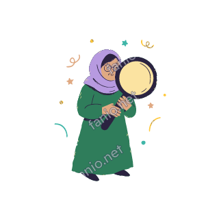 Teta holds a big magnifying glass beside her face, searching.