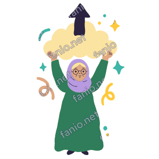Teta holds a big pale yellow cloud in both hands with an up arrow above it.