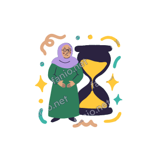 Teta stands next to a big hourglass and waits patiently with her hands folded.