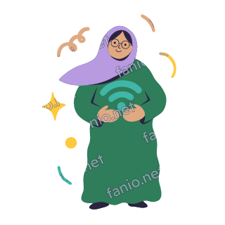 Teta holds a big teal wifi signal symbol of three curved bars and a dot in both hands, looking happy.