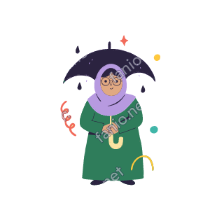 Teta holds an open umbrella over her head in light rain, with a few raindrops around.