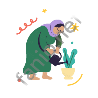 تيتا تسقي نبتة في أصيص بمرشة صغيرة وهي تنحني قليلا.