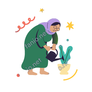 Teta waters a potted plant with a small watering can, bending slightly.