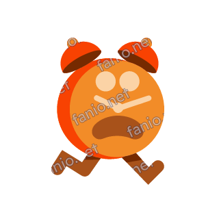 An orange alarm clock mascot with two bells on top, wide startled eyes over its two hands and a shouting mouth, running on two brown legs.
