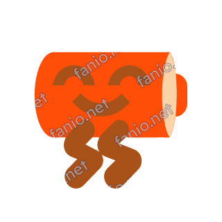A red orange battery mascot lying on its side with a pale orange cap, closed happy eyes and a toothy grin, jumping on brown zigzag legs.