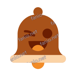 A brown and orange notification bell mascot with a pale orange rim, winking one eye and laughing with an open mouth.