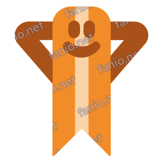 A tall orange ribbon bookmark mascot with a notched bottom and a pale stripe, calm eyes and a smile, arms folded behind its head.