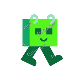 A bright green desk calendar mascot with two rings on top, square eyes and a small smile, striding on two dark green legs.