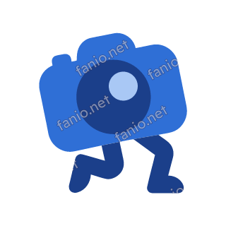 A blue photo camera mascot whose big round lens is its single eye, leaning forward on two dark blue legs.